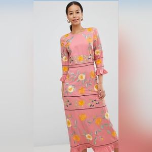 Pink Embroidered Floral Ruffle Dress